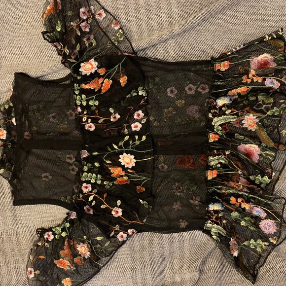 Whimsical Floral Sheer Mock-Neck Peplum - Picture 4 of 5